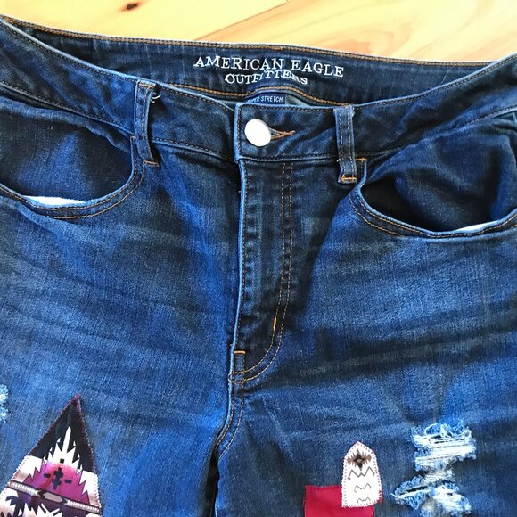 Upcycled Aztec Tribal Patchwork Jeans, Junior Size 12: Distressed Cropped Denim - Picture 4 of 13